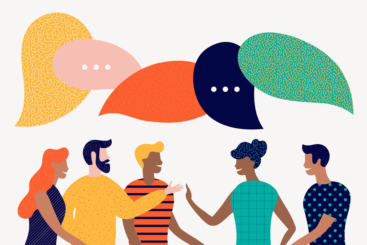A cartoon sketch of a group of diverse individuals having a conversation. About these individuals are speech bubbles. 