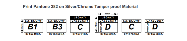 Gaming machine example label (3) - the image is 6 small boxes, each box has a category in them. The first box has the vertical measurement of the box of 30mm alongside it. The middle 2 boxes are a different size, 40mm tall and 30mm wide. These are the legacy labels.